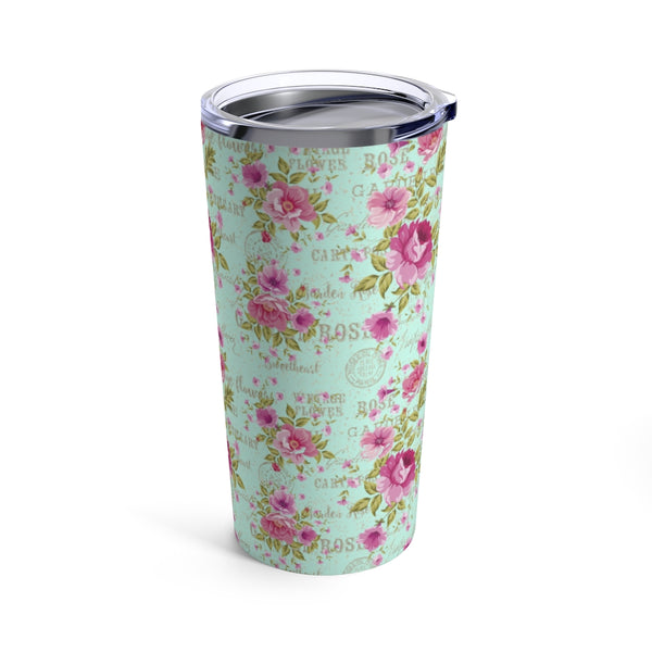 Vintage Pink Roses on Turquoise Stainless Steel 20 oz. Vacuum Insulated Tumbler, Tight Sealed Clear Lid, Travel Sized