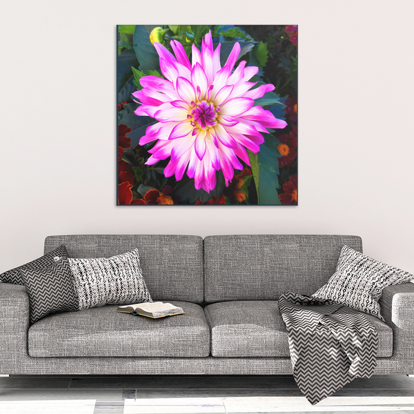 White Dahlia with Purple Edges Canvas Wall Art - Square - 4 Sizes - Mind Body Spirit
