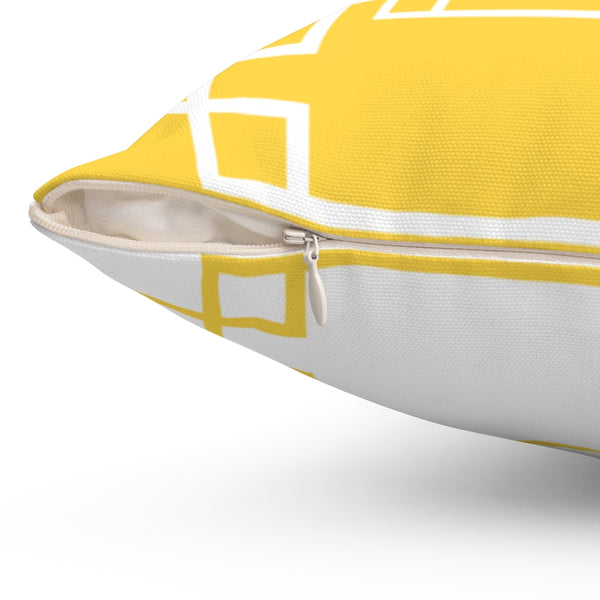 Geometric Chinoiserie Pattern Reversible Yellow and White Print Original Design Spun Polyester Square Pillow 4 Sizes