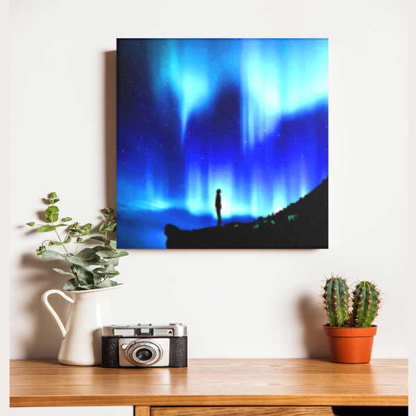Blue Night Aurora Fine Art Canvas - Aurora Borealis in Night Sky in 4 Square Sizes, - Mind Body Spirit
