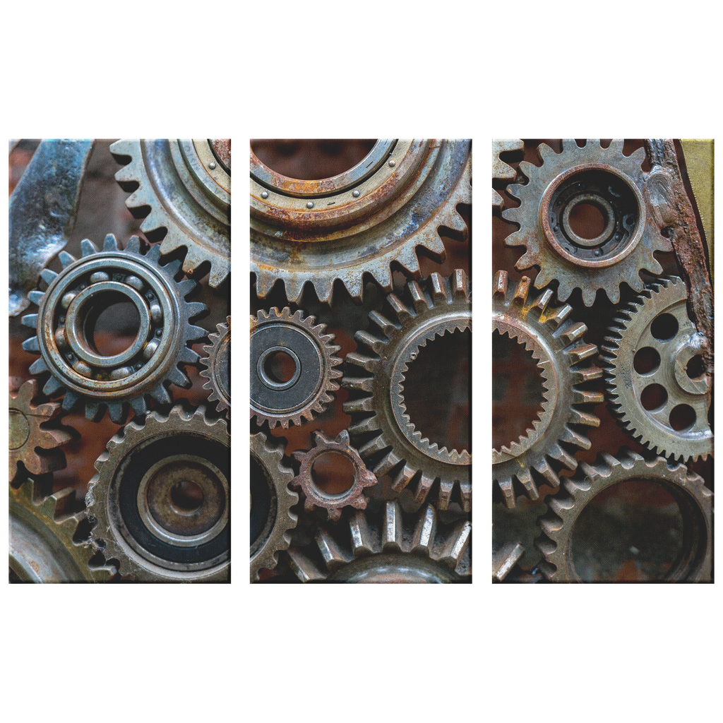 Rusty Looking Gears Triptych 3 Panel Canvas Wall Art, 3 Sizes, Industrial, Contemporary, Steampunk, Living Room, Bedroom, Den, Family Room,