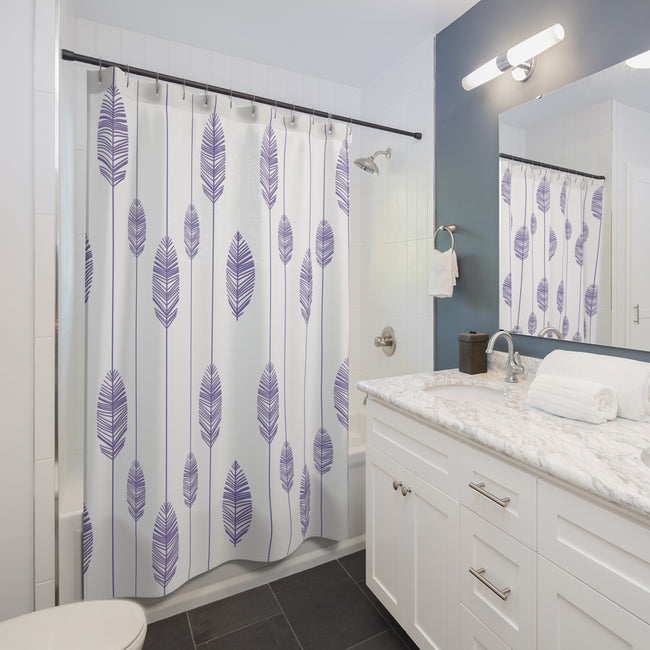 Abstract Feathers Periwinkle on White Custom Design Fabric Shower Curtain Custom Design Bathroom Decor 71 x 74