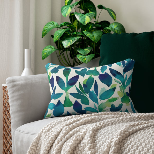 Leaves Blue Green Watercolor Design Spun Polyester Lumbar Pillow