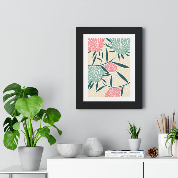 Soft Green and Pink Trendy Matisse Style Floral Print Framed Vertical Poster 11 x14