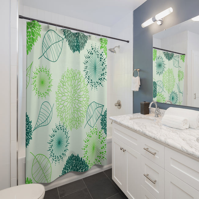 Teal and Green Leaves Flowers Fabric Shower Curtain Custom Design Bathroom Decor 71 x 74
