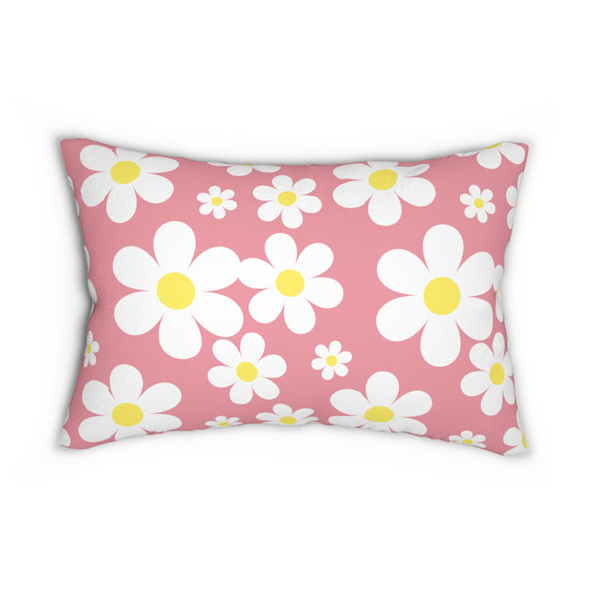 Groovy White Daisies On Pink Spun Polyester Lumbar Pillow 20 x 14, Home Decor, Throw Pillow
