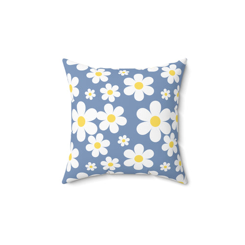 Groovy White Daisies On Blue Spun Polyester Square Pillow in 4 Sizes, Home Decor, Throw Pillow