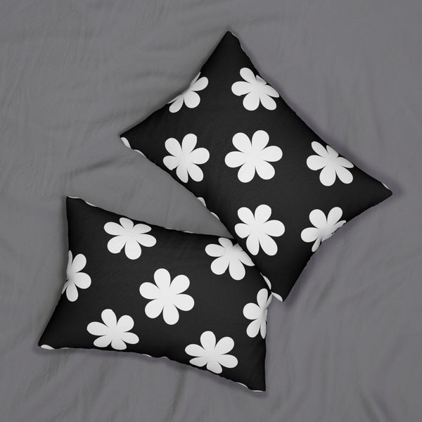 Graphic White Flowers On Black Spun Polyester Lumbar Pillow 20 x 14, Home Decor, Throw Pillow