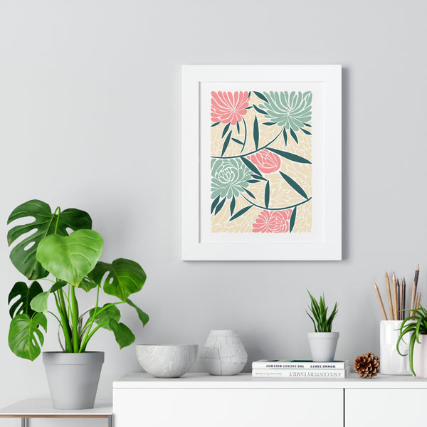 Soft Green and Pink Trendy Matisse Style Floral Print Framed Vertical Poster 11 x14