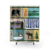 Rustic Bear, Lake and Cabin Unique Fabric Shower Curtain Original Design 71 x 74