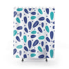 Blue Teal Leaves On White Fabric Shower Curtain Custom Design Bathroom Decor 71 x 74