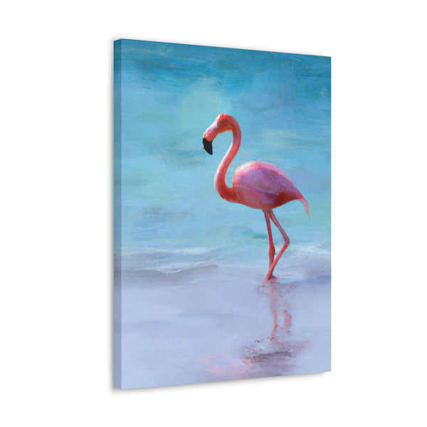 Pink Flamingo On The Beach Original Canvas Wall Art Decor, Gallery Wraps, 3 Sizes, Living Room, Office, Bedroom, Family Room, Home, 3 Sizes