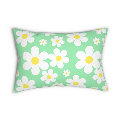 Groovy White Daisies On Spring Green Spun Polyester Lumbar Pillow 20 x 14, Home Decor, Throw Pillow