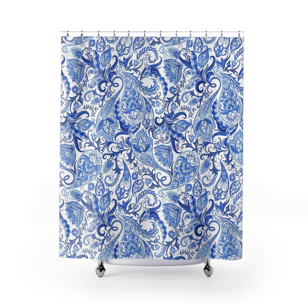 Vintage Blue and White Oriental Floral Paisley Pattern Fabric Shower Curtain Original Design 71 x 74