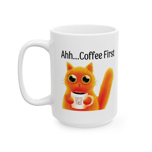 Ahh... Coffee First Wise Cat Large 15 oz White Ceramic Mug