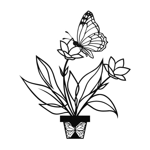 Flowering Plant With Butterfly Metal Wall Art, 5 Colors, 6 Sizes
