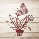 Flowering Plant With Butterfly Metal Wall Art, 5 Colors, 6 Sizes