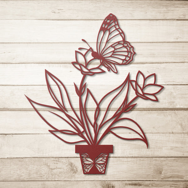 Flowering Plant With Butterfly Metal Wall Art, 5 Colors, 6 Sizes