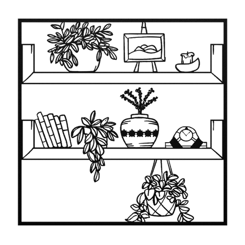 Shelves_With_Hanging_Plant_Books_Clock_Black_Transparent_Mockup.png