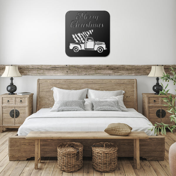 Vintage Truck With Christmas Tree Custom Metal Sign Powder Coated Steel Sign 5 Colors