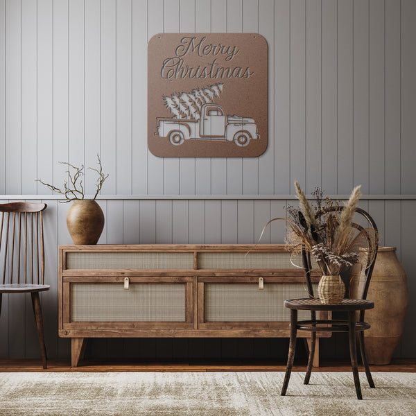 Vintage Truck With Christmas Tree Custom Metal Sign Powder Coated Steel Sign 5 Colors