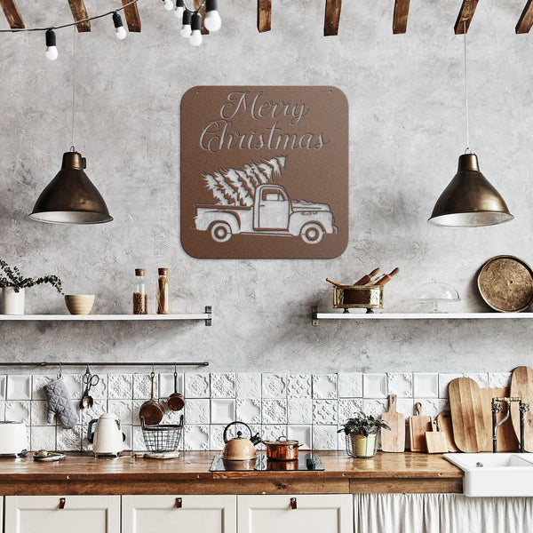 Vintage Truck With Christmas Tree Custom Metal Sign Powder Coated Steel Sign 5 Colors