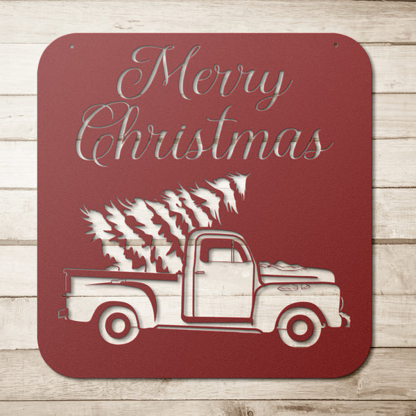Vintage Truck With Christmas Tree Custom Metal Sign Powder Coated Steel Sign 5 Colors