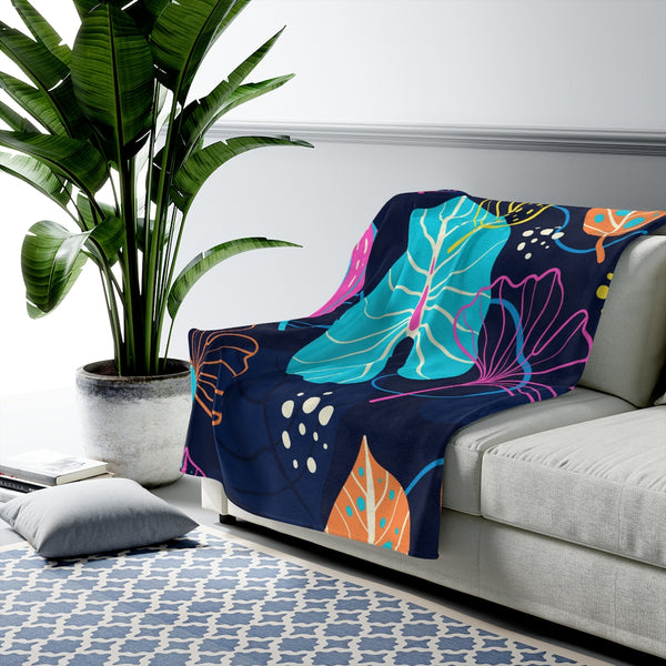 Fresh Tropical on Navy Velveteen Plush Blanket Custom Blanket, Plush Throw Blanket for Home, Office, Dorm, Super Soft 3 Sizes