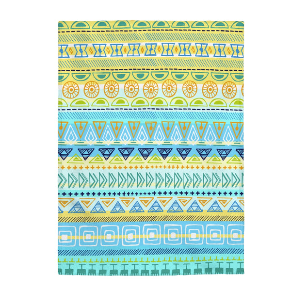 Boho Tribal Turquoise Yellow Velveteen Plush Blanket Custom Blanket, Plush Throw Blanket for Home, Office, Dorm, Super Soft 3 Sizes,