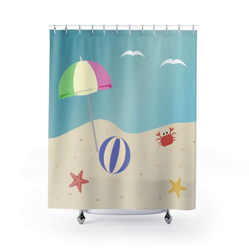 Beach With Umbrella Fabric Shower Curtain Original Design 71 x 74