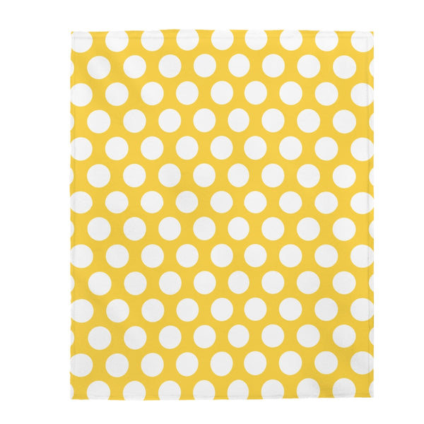 White Polka Dots On Yellow Velveteen Plush Blanket Custom Blanket, Plush Throw Blanket for Home, Office, Dorm, Super Soft 3 Sizes,