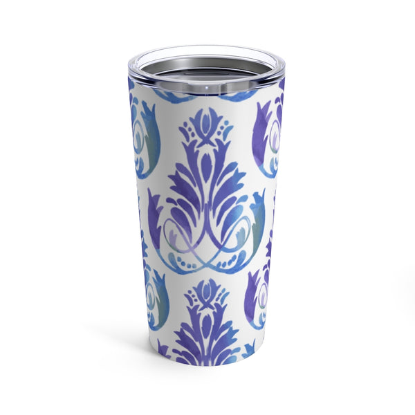 Blue Purple Rococco Ornamental Design Stainless Steel 20 oz. Vacuum Insulated Tumbler, Tight Sealed Clear Lid, Travel Sized