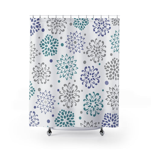 Liza Gray, Teal and Periwinkle Decorative Burst Fabric Shower Curtain Original Design 71 x 74