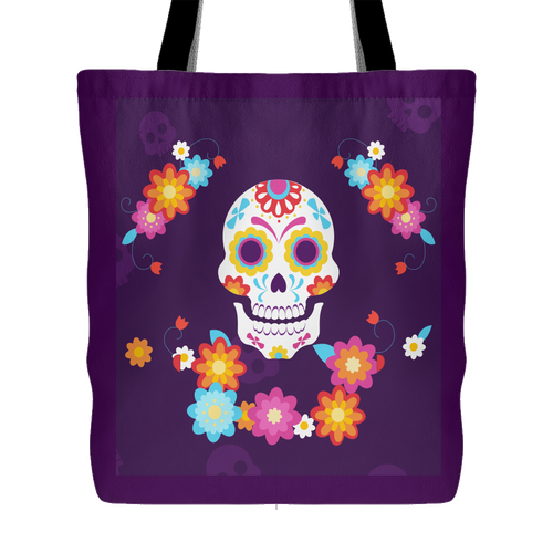 "Kaiya" - Day of the Dead Colorful Skull 18 x 18 Tote Bag - Purple - Mind Body Spirit
