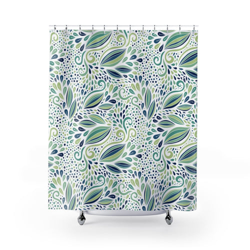 Modern Pods and Dots In Blues and Greens Custom Design Fabric Shower Curtains, 71" x 74" Bathroom, Farmhouse, Boho,