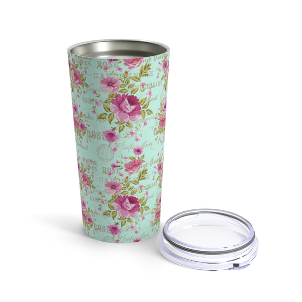 Vintage Pink Roses on Turquoise Stainless Steel 20 oz. Vacuum Insulated Tumbler, Tight Sealed Clear Lid, Travel Sized