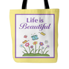 Life Is Beautiful Tote Bag 18 x 18 - White, Purple, Yellow, Teal - Mind Body Spirit