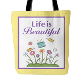Life Is Beautiful Tote Bag 18 x 18 - White, Purple, Yellow, Teal - Mind Body Spirit