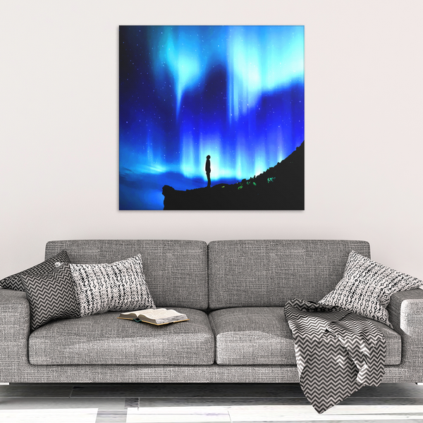Blue Night Aurora Fine Art Canvas - Aurora Borealis in Night Sky in 4 Square Sizes, - Mind Body Spirit