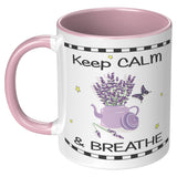 Keep Calm & Breathe Ceramic Mug 11 oz with Color Glazed Interior in 5 Colors, Coffee Mugs Tea