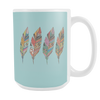 Big Four Feathers 15 oz Mug Blue Background - Mind Body Spirit