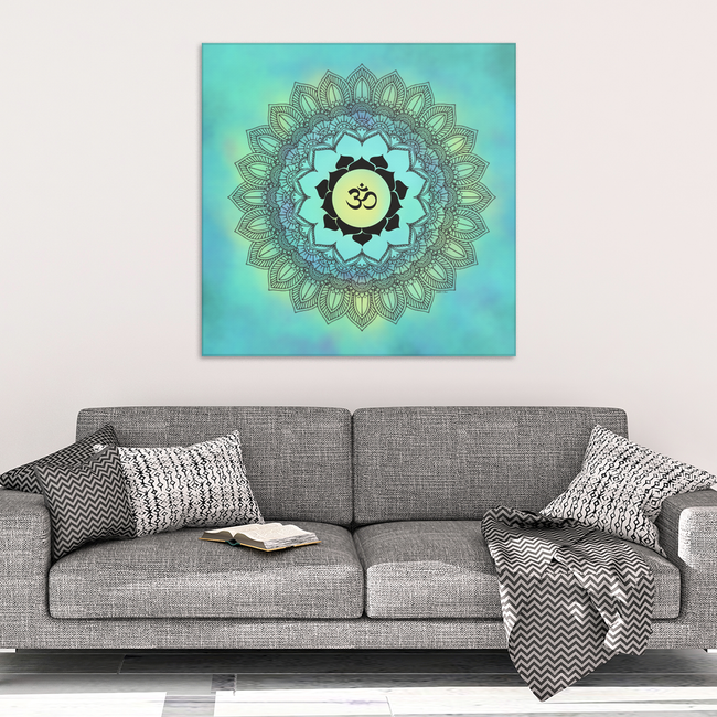 Mandala Om Turquoise Canvas Wall Art - Wonderful Symbolic Art in 4 Sizes; 8x8, 16x16, 24x24, 40x40 - Mind Body Spirit