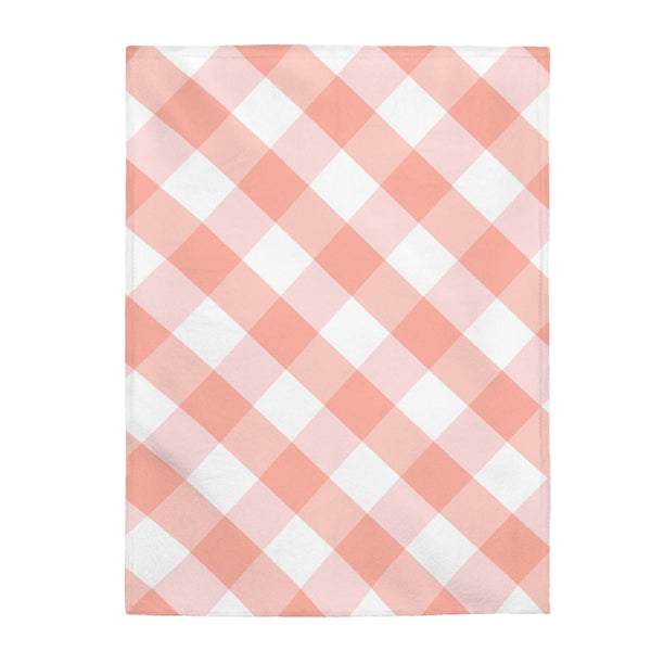 Pink Check Plaid Velveteen Plush Blanket Custom Blanket, Plush Throw Blanket for Home, Office, Dorm, Super Soft 3 Sizes,
