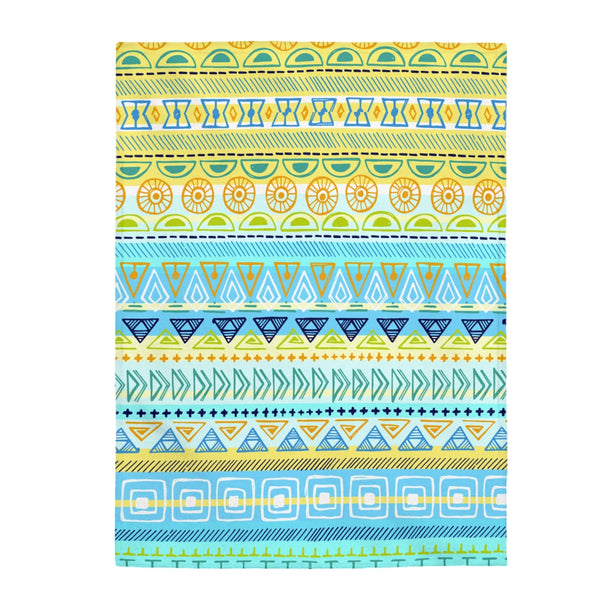 Boho Tribal Turquoise Yellow Velveteen Plush Blanket Custom Blanket, Plush Throw Blanket for Home, Office, Dorm, Super Soft 3 Sizes,