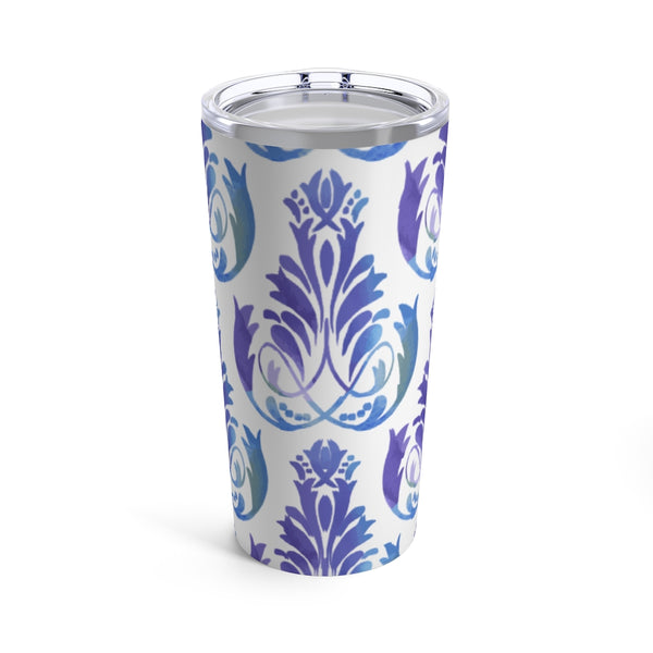 Blue Purple Rococco Ornamental Design Stainless Steel 20 oz. Vacuum Insulated Tumbler, Tight Sealed Clear Lid, Travel Sized