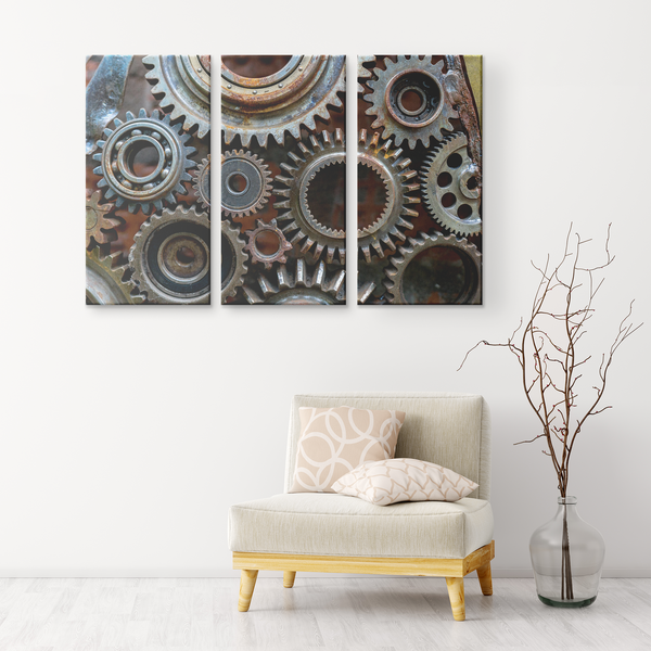 Rusty Looking Gears Triptych  3 Panel Canvas Wall Art, 3 Sizes, Industrial, Contemporary, Steampunk, Living Room, Bedroom, Den, Family Room, - Mind Body Spirit