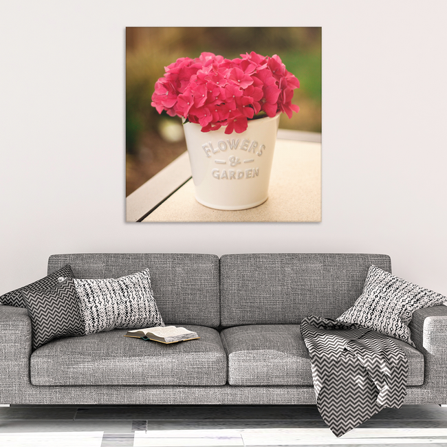Red Hydrangea Flower Pot Canvas Wall Art in 4 Sizes; 8x8, 16x16, 24x24, 40x40 - Mind Body Spirit