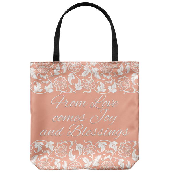 'Calla' Peach Love, Joy, Blessings Custom Designed Tote Bag 18" x 18" - Mind Body Spirit